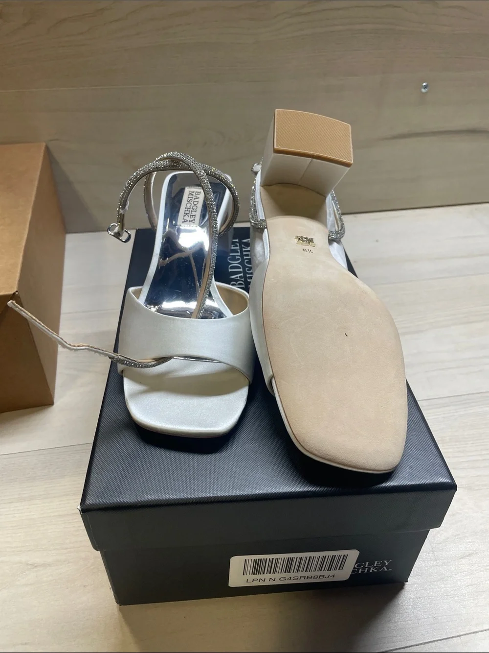 Badgley Mischka Ivory Satin Square-Toe Heels with Crystal Ankle Straps #579